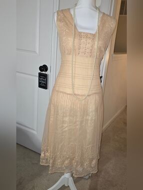 Odille By Anthropologie Peachy/champagne Lace & Beaded Sleeveless Midi Dress 4